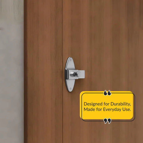 Built Tight Slick Chrome Slide Latch and Keeper Set mounted on wood door, showcasing durability and design for everyday use.