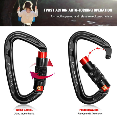 Heavy Duty Auto Lock Carabiner Clips 28KN 6172Lbs Aluminum 4 Pack showing twist action auto-lock mechanism