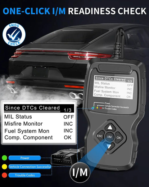 OBD2 Diagnostic Scanner For All Vehicles After 1996 With IM Readiness Real Time Data Stream shown with car in background