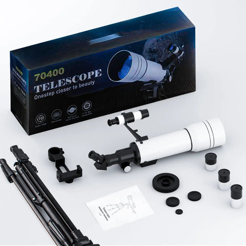 70mm Aperture Refractor Telescope With 400mm Focal Length, White, High Transmission Coatings For Brighter Views, Easy Setup For Beginners Killer Starter Scope For Stargazing And Birdwatching, with tripod and accessories