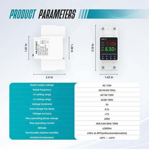 Built Tough Adjustable Voltage Protector For 110V Circuits Auto Reset Smart Breaker with display and specification parameters