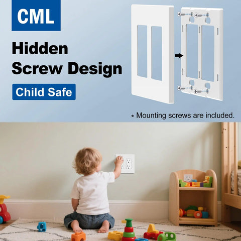 Child near outlet covered with Matte White Screwless Wall Plate 2-Gang Decorator Outlet Covers 4 Pack Modern Home Upgrade.