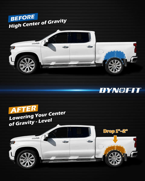 Image showing before and after using Rear Drop Shackle Kit For 1999-2019 Chevy Silverado 1500 And GMC Sierra 1500 Adjustable 1 To 2 Inch Lowering Shackle 2 Piece Set Replacement 410520 Direct Fit on truck
