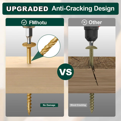 Comparison of Heavy Workhorse Structural Lag Screws 5/16 By 12 Inch Serrated Thread Fasteners showing anti-cracking design.
