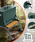 Rock Solid Heavy Duty Deer Feeder Delivering Ninety To One Hundred Ten Pound Capacity And Eighteen Gallon Storage with drainage holes and rotating lock.