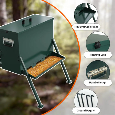 Rock Solid Heavy Duty Deer Feeder Delivering Ninety To One Hundred Ten Pound Capacity And Eighteen Gallon Storage with drainage holes and rotating lock.