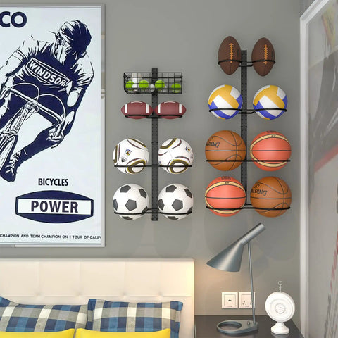 Wall Mounted Basketball Rack And Football Holder For Garage Sidekick, Adjustable Diy Soccer Stand With Basket, Hella Durable Black Metal Game Ball Organizer Flipping Tight Clutter Into Smooth Storage Flow, showcasing various sports balls.