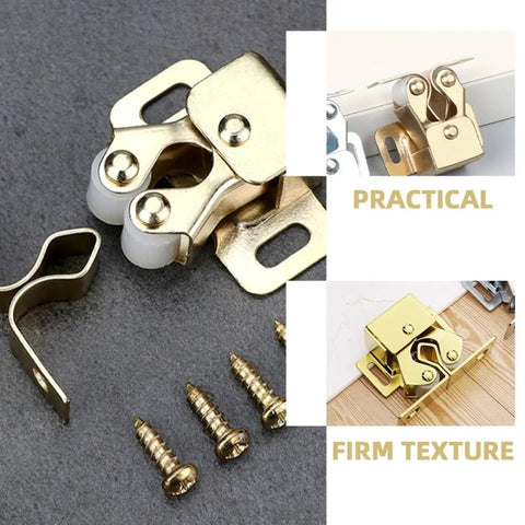 Six Pack Heavy Duty Metal Double Ball Roller Catch For Cabinet And Wardrobe Door, Easy Install Kitchen Latches showing gold metal finish and screws.