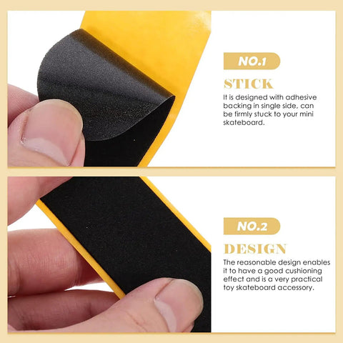 Close-up of 24 Pcs Fingerboard Grip Tape Set Precut 28x100mm Pro Foam Grip Tape For Finger Toys Anti Slip Black PU Self Adhesive Strips.