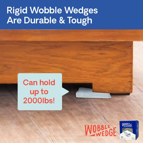 Heavy Duty Leveling Shims for Furniture and Appliances, Transparent Rigid Plastic Wedges under table, supports 2000 lbs, box shown