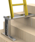 Stair Leveler Ladder Stabilizer with slip resistant feet on stairs, no fuss quick adjust, 9.7 to 17.6 inch range, hands-free stability.