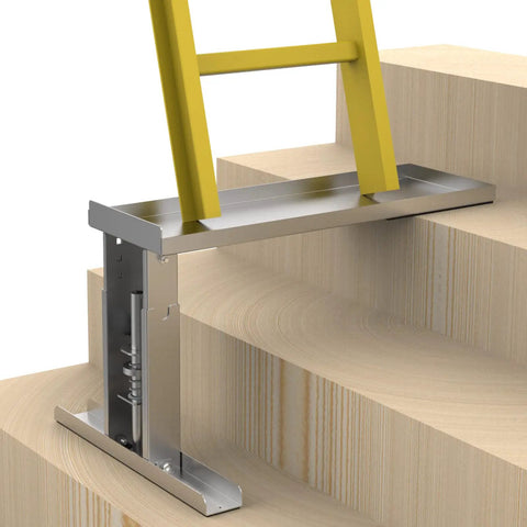 Stair Leveler Ladder Stabilizer with slip resistant feet on stairs, no fuss quick adjust, 9.7 to 17.6 inch range, hands-free stability.