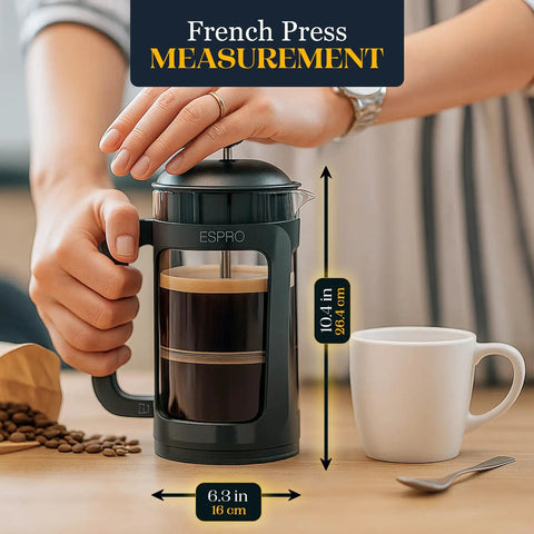 Grit-Free French Press Coffee Maker With Patented Double Micro-Filter, 32 Oz Capacity, Black Finish, on table with coffee cup