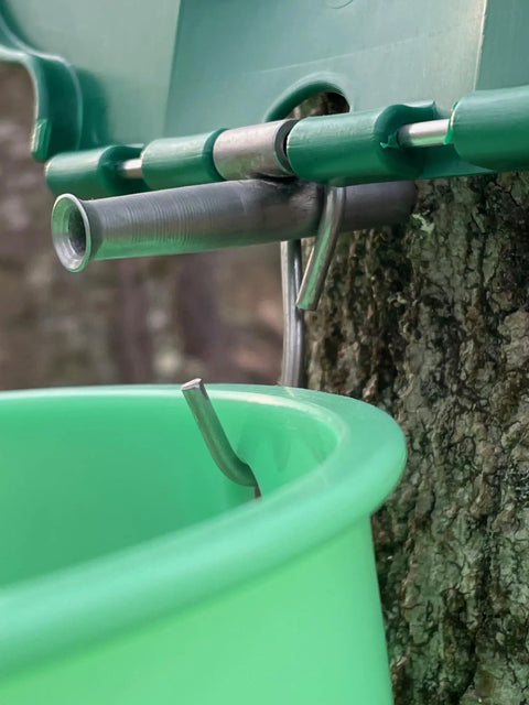 Top Shelf Maple Syrup Bucket Kit Includes Three Food Grade Sugar Containers Stainless Taps close-up of hook and tap on green pail.