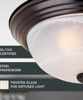 Close-up of Two Light Flush Mount Ceiling Light With White Alabaster Glass In Oil Rubbed Bronze Finish, UL certified steel frame.