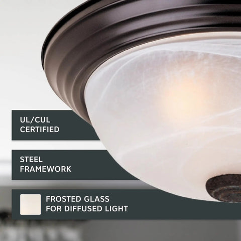 Close-up of Two Light Flush Mount Ceiling Light With White Alabaster Glass In Oil Rubbed Bronze Finish, UL certified steel frame.