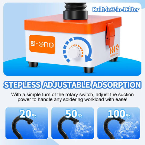 Heavy Duty Solder Fume Extractor With 80W Brushless Motor, adjustable suction control knob, three-stage filtration system