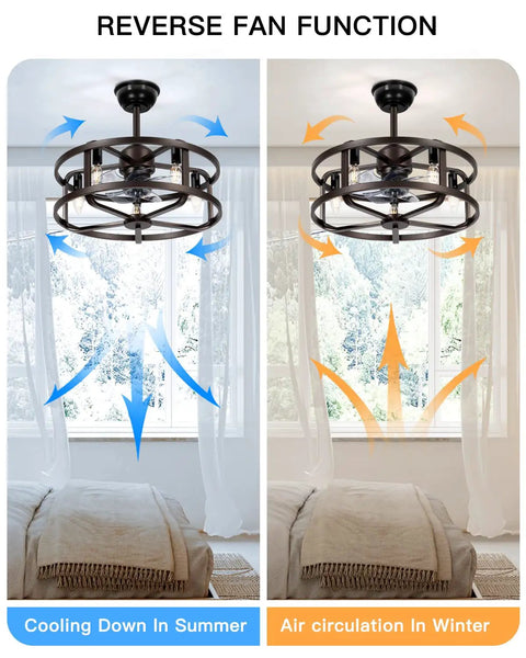 20 Inch Caged Bladeless Ceiling Fan with Light displaying reverse fan function for seasonal air circulation in a bedroom.