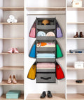 Beefy 66 Pound Capacity Hanging Closet Organizer with collapsible shelves holding purses and bags, gray, in open closet