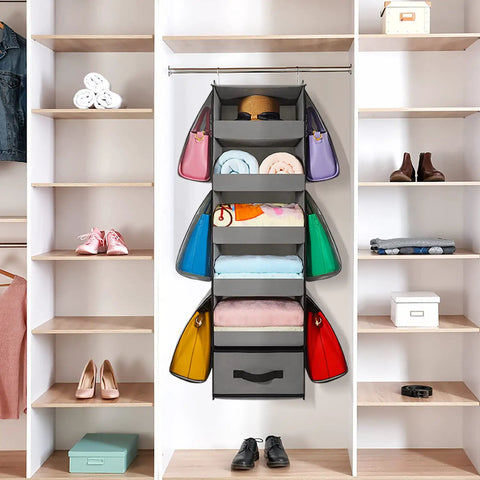 Beefy 66 Pound Capacity Hanging Closet Organizer with collapsible shelves holding purses and bags, gray, in open closet