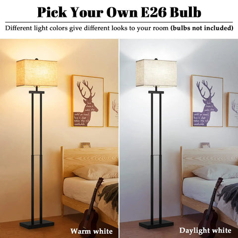 Modern Black Floor Lamp With Dual Poles And Fabric Shade Tall Reading Lamp With Foot Switch For Living Room Bedroom Office And Nursery Contemporary Farmhouse Style showing two lighting options.