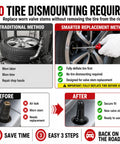 Infographic explaining 31Pcs Quick Change Tire Valve Core Tool Kit No Tire Removal Needed Replacement Fast And Easy For Cars Trucks SUVs ATVs And Motorcycles Fits 11.3MM Rim Holes TR413 TR414 with before and after images.