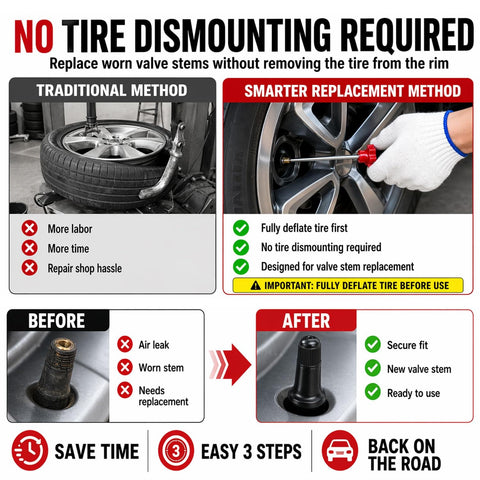 Infographic explaining 31Pcs Quick Change Tire Valve Core Tool Kit No Tire Removal Needed Replacement Fast And Easy For Cars Trucks SUVs ATVs And Motorcycles Fits 11.3MM Rim Holes TR413 TR414 with before and after images.