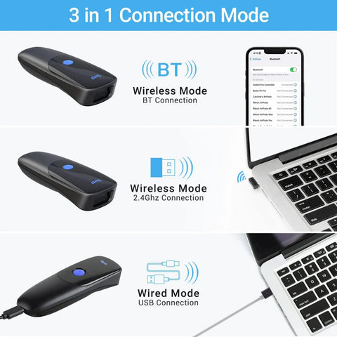 Diagram of Extreme Performance Wireless 1D 2D QR Barcode Scanner Mini Portable Three In One Bluetooth 2.4G USB Wired Pocket Handheld Time Stamp Reader showing Bluetooth, 2.4G, and USB modes.