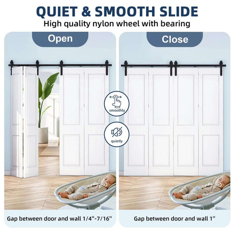 60 Inch Bi Folding Sliding Barn Door Hardware Kit For Four Bifold Doors Heavy Duty Black Steel Installed in Living Room