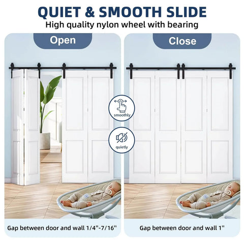 Beefed Up Bi Folding Sliding Barn Door Hardware Kit For Four Doors, 14 Inch Bifold Track System with door open and closed view