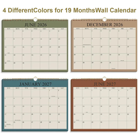 4 different color options for 19 months wall calendar featuring June 2026, December 2026, January 2027, June 2027 with spiral binding.