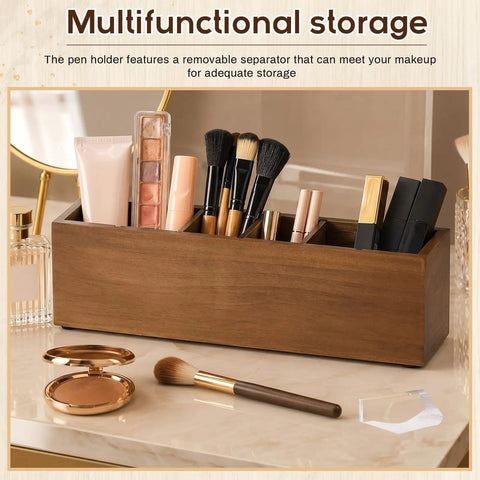 Wooden Desk Organizer With Six Compartments In Walnut Finish, Pen Pencil Holder And Makeup Brush Tray For Office Desk Countertop