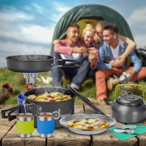 15 Piece All In One Camping Cookware Mess Kit with nonstick pots, pans, kettle, stainless steel cups and plates in outdoor setting