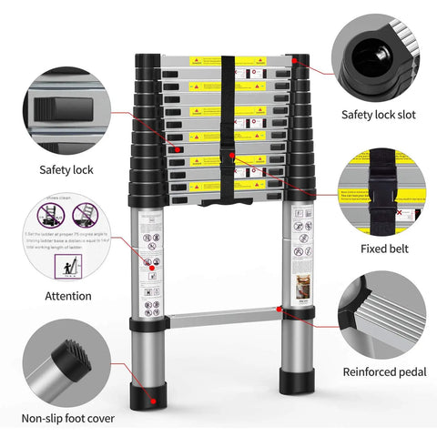 8.5Ft Telescoping Ladder Workhorse Portable Aluminum Extension Ladder With Stabilizers Lightweight Compact 330 Lb Capacity Easy Stash For Home And Outdoor Use Everyday Ready