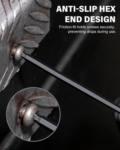 35-Piece Allen Wrench Set With Ball End And Long Arms features anti-slip design, shown tightening a metal screw.