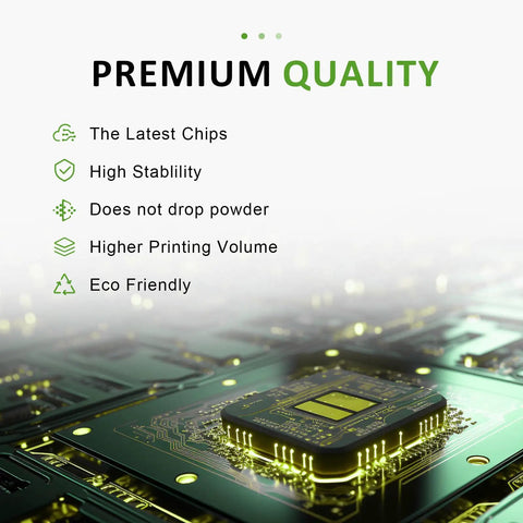 Image showcasing a computer chip board with text emphasizing premium quality, high stability, eco-friendly, and higher printing volume.