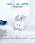 Super Slick Bedside Cube With Four AC Outlets And Three USB Ports ETL Certified Charging Station Power Strip in use with smartphone.