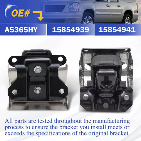 Front and side view of Beefed Up Engine Motor Mount With Heat Shield For 2007 To 2014 Chevy Tahoe Silverado Suburban Avalanche GMC Sierra Yukon Cadillac Escalade A5365HY OE Replacement 15854941 15854939 Black.