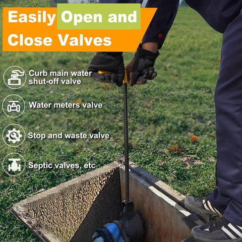 Person using 17 Inch Water Meter Key With 4 Way Multi Functional Utilities Key, T Handle Water Shut Off Tool For Curb Main And Underground Valves