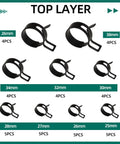 227 Piece Spring Band Hose Clamp Kit with several clamp sizes from 25mm to 38mm, black color, displayed in top layer view.