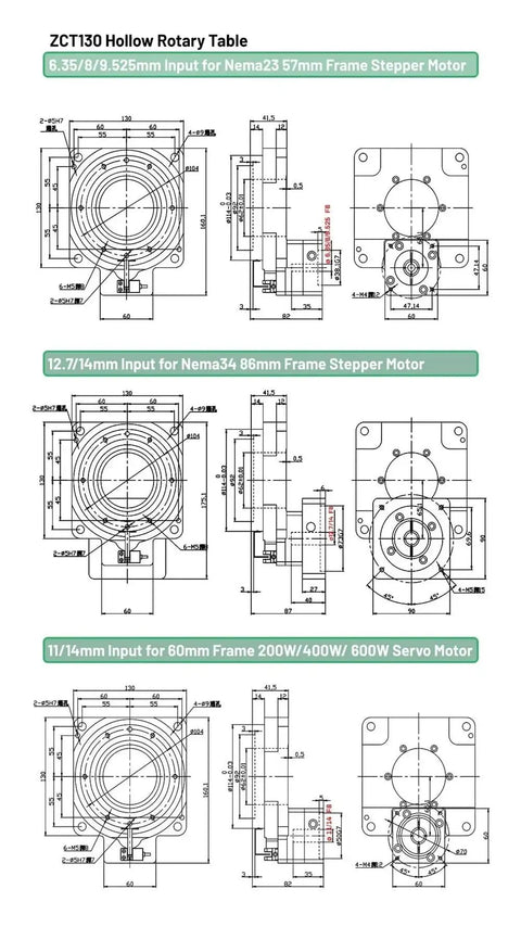 ZCT130 Hollow Rotary Table specifications for Nema23, Nema34, and 60mm Frame motors, showcasing detailed measurements.