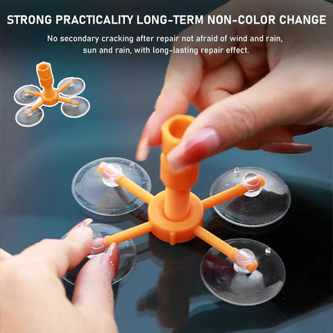 Windshield Repair Kit With Pressure Syringe For Quick Fix Of Chips Bulls Eye And Star Shaped Cracks In Auto Glass Durable Car Glass Repair Tool Kit For Dings And Cracks being used on a car windshield with suction cups.