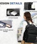 40L Vacuum Compression Travel Backpack with air pump showing front and side pockets, built-in multi-pocket design, worn by woman.