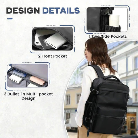 40L Vacuum Compression Travel Backpack with air pump showing front and side pockets, built-in multi-pocket design, worn by woman.