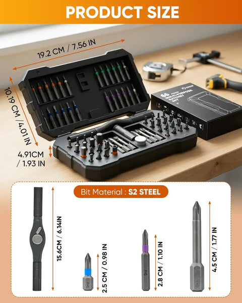 All In One Magnetic Screwdriver Set Saker 66 In 1 Portable Ratcheting Kit open with bits and detachable handle shown