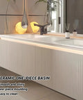 Modern Floating Double Sink Bathroom Vanity 92 Inch Wide With Oak Wood Cabinet And Ceramic Sinks Smart Anti Fog Mirror And Faucet Set Straight Fire Bathroom Glow Up close-up of ceramic one-piece basin with smooth surface and modern faucet.