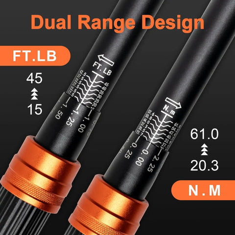 Triple-Drive Click Torque Wrench Set for 1/4, 3/8, and 1/2 Inch Drives, 20-240 in-lb, 5-45 ft-lb, 20-160 ft-lb Ranges, Calibrated to Three Percent with Dual SAE and Metric Scales, Ideal for Bikes, Motorcycles, and Cars. Dual-range torque wrench scales in ft-lb and N.m