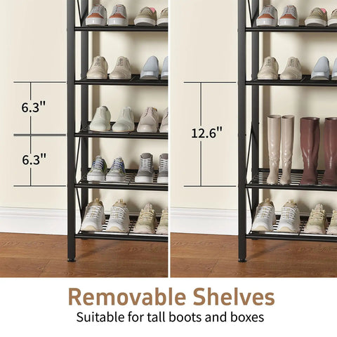 Heavy Duty 8 Tier Metal Shoe Rack Organizer That Holds 32 Pairs With Adjustable Shelves And Rustic Wood Top for boots and shoes