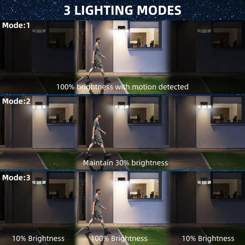 daphino 2500LM solar outdoor wall light, 3-head motion-sensor security lamp, 270° wide-angle, IP65, non-remote, 2-pack
