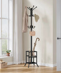 Freestanding Coat Rack With Umbrella Holder And 12 Metal Hooks Three Tier Tree Coat Stand for entryway, sturdy black finish